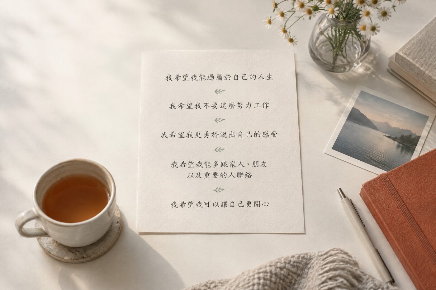 桌上的一杯熱茶、一盆花、一張舊照片與幾本書，暖色晨光