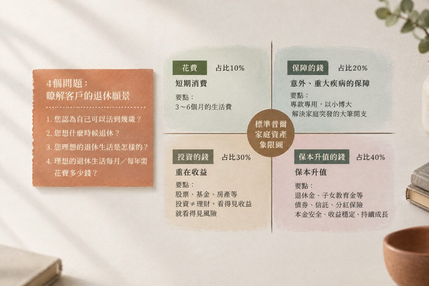 一張寫着資產四分法的圖，分為日常開銷、保障、投資與穩健四部分