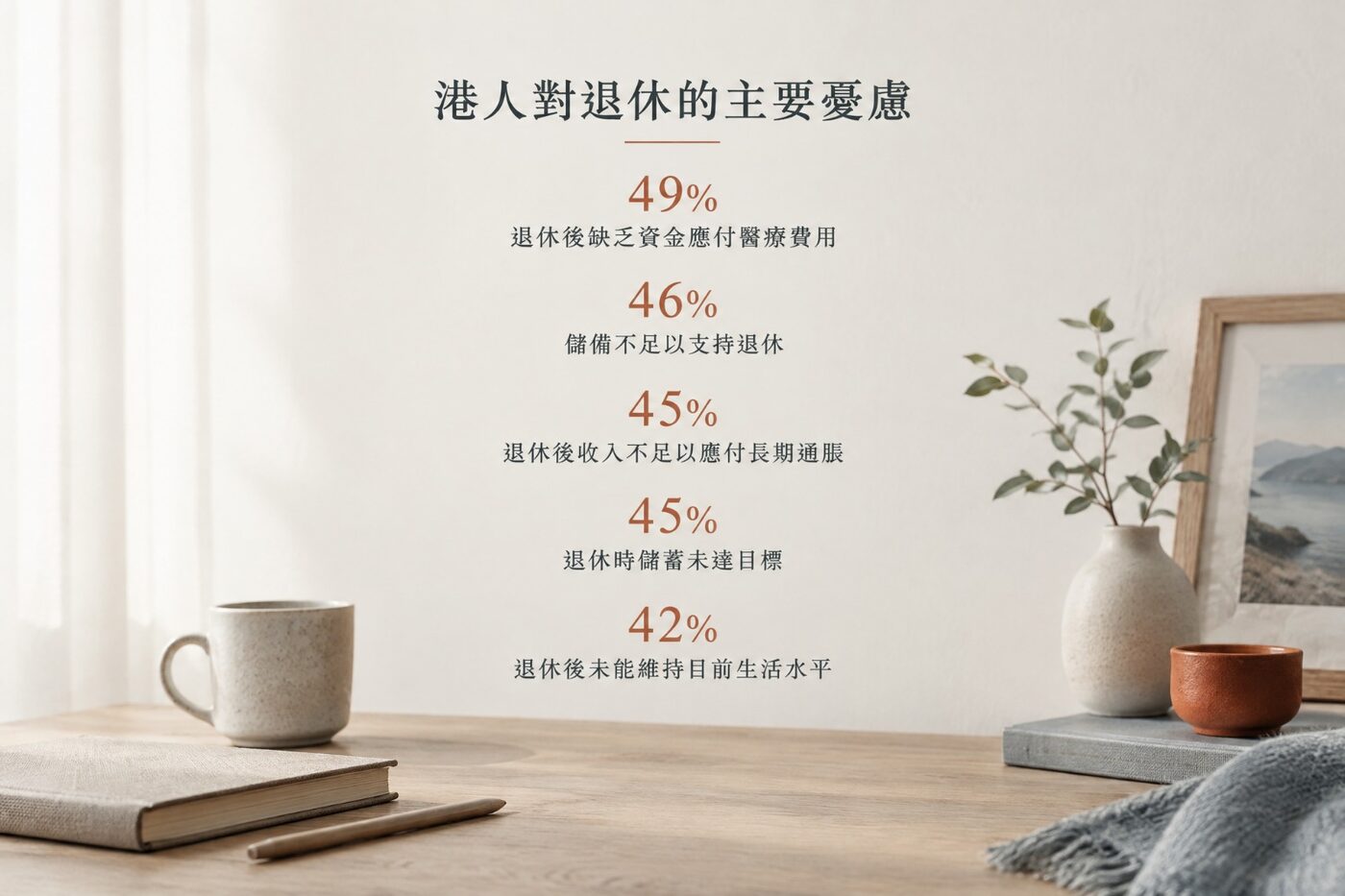 一張列出港人退休五大憂慮的圖，包括醫療費用、退休儲備不足、生活成本上升