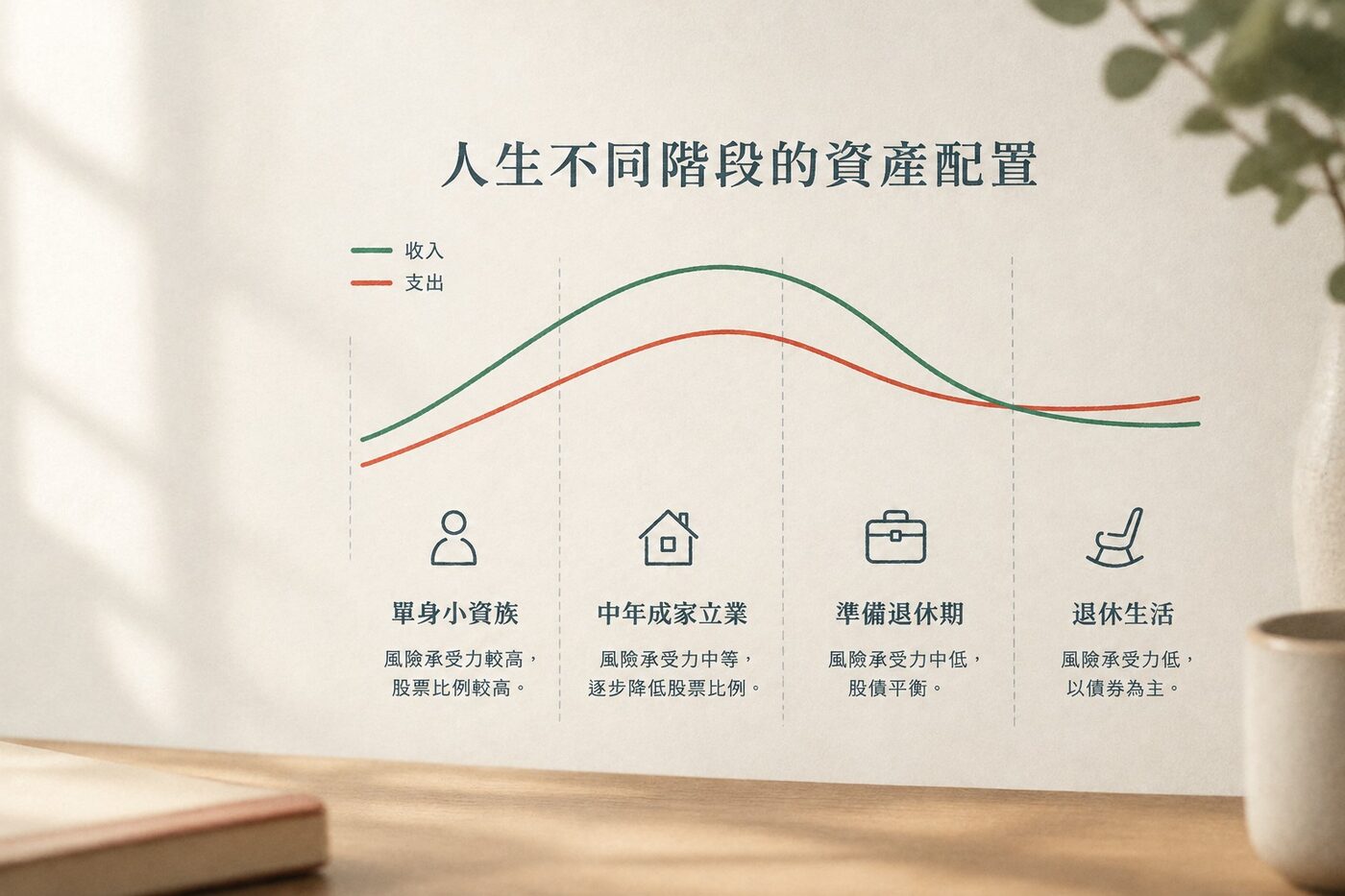 一張以曲線表示人生各階段收入、支出與風險承受能力的圖